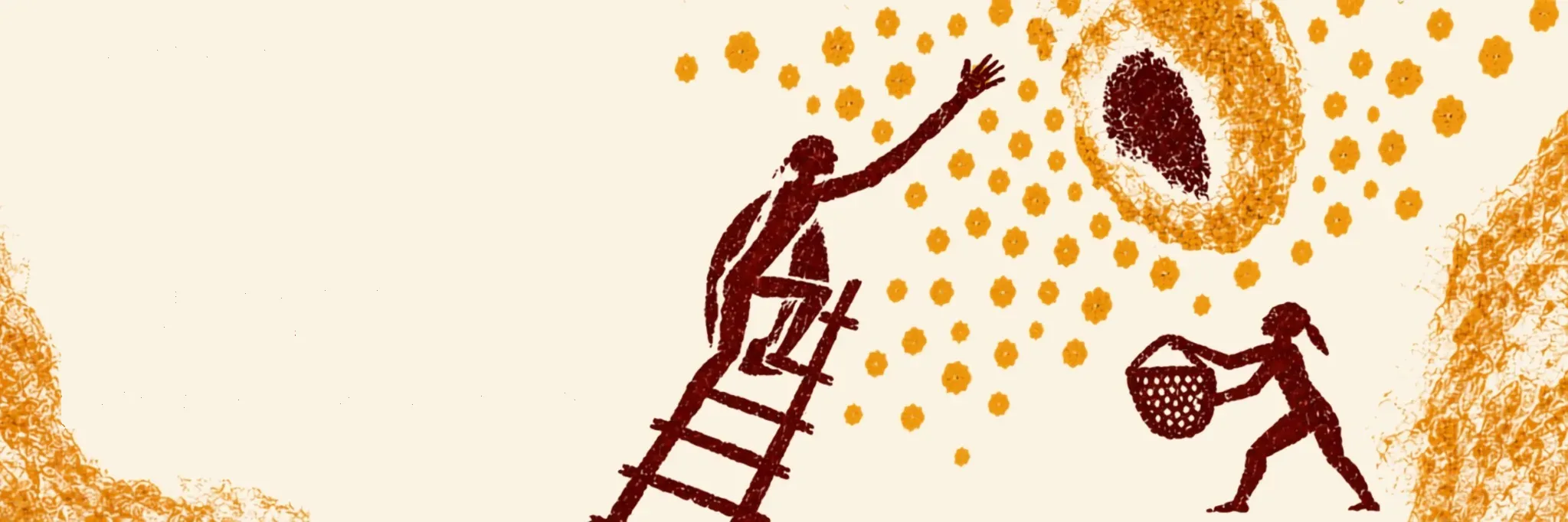 Two figures gathering honey: one climbing a ladder towards a hive, another carrying a basket