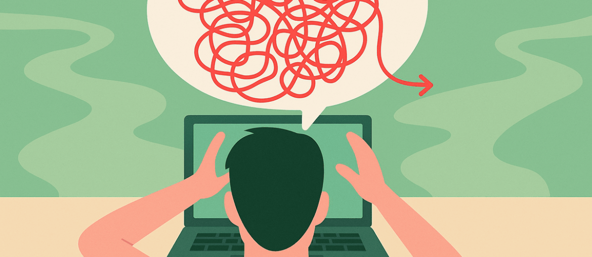 Illustration of puzzled man at computer screen