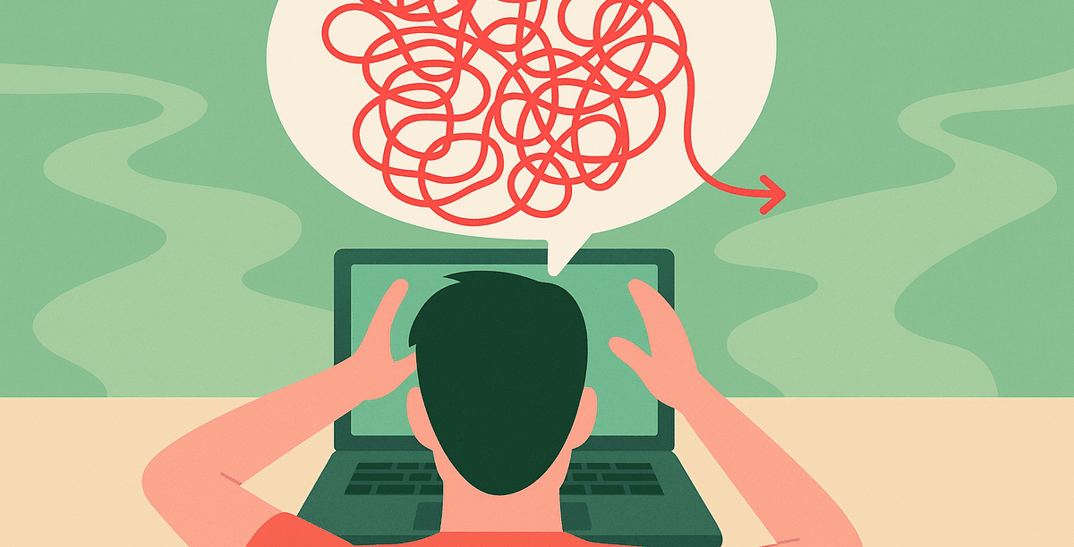 Illustration of puzzled man at computer screen