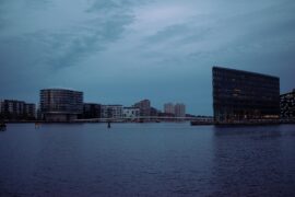 a moody picture of a business district in copenhagen