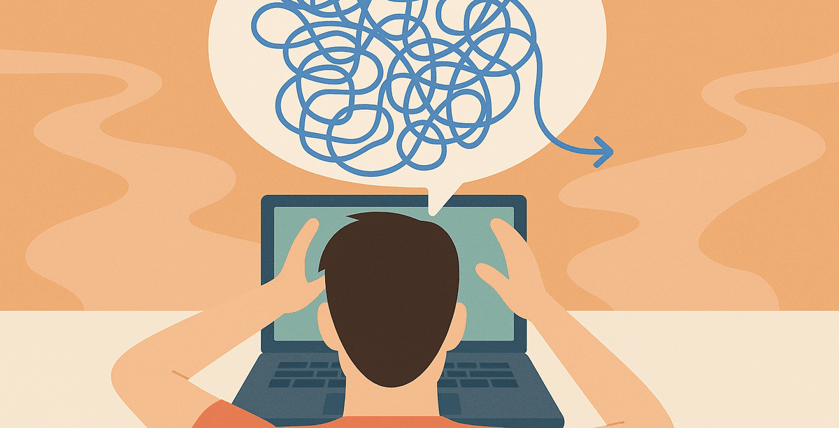 Illustration of puzzled man at computer screen