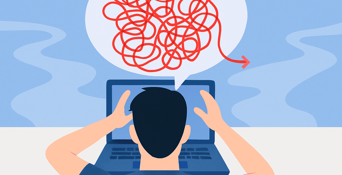 Illustration of puzzled man at computer screen