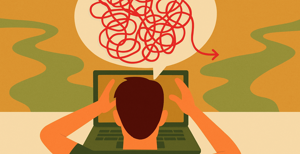 Illustration of puzzled man at computer screen
