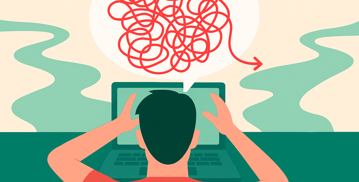 Illustration of puzzled man at computer screen