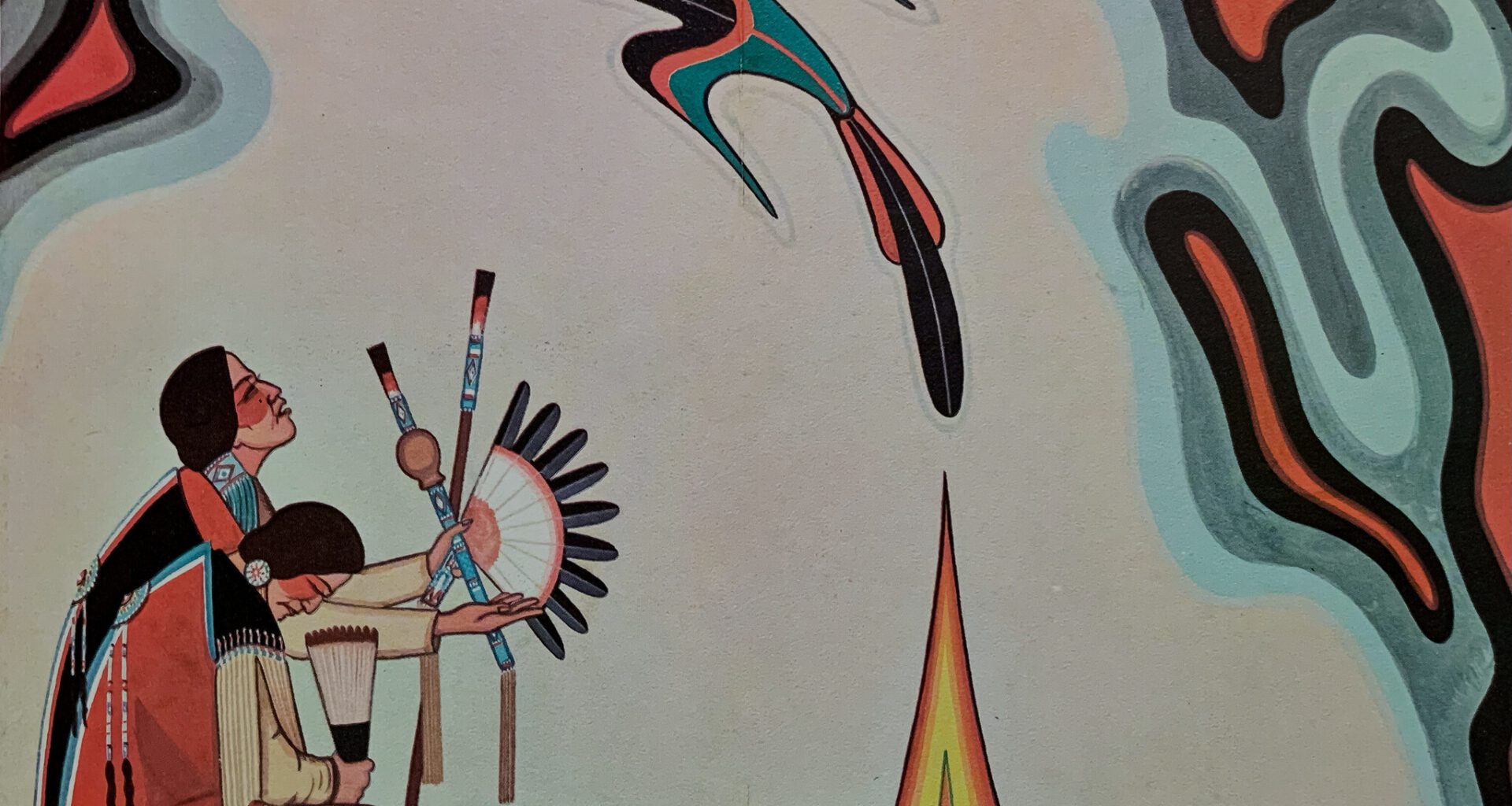 Spiritual indigenous American art depicting two figures and a bird in flight by a fire