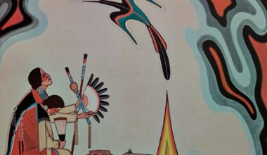 Spiritual indigenous American art depicting two figures and a bird in flight by a fire