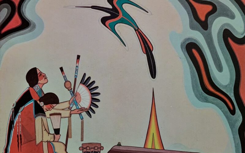 Spiritual indigenous American art depicting two figures and a bird in flight by a fire