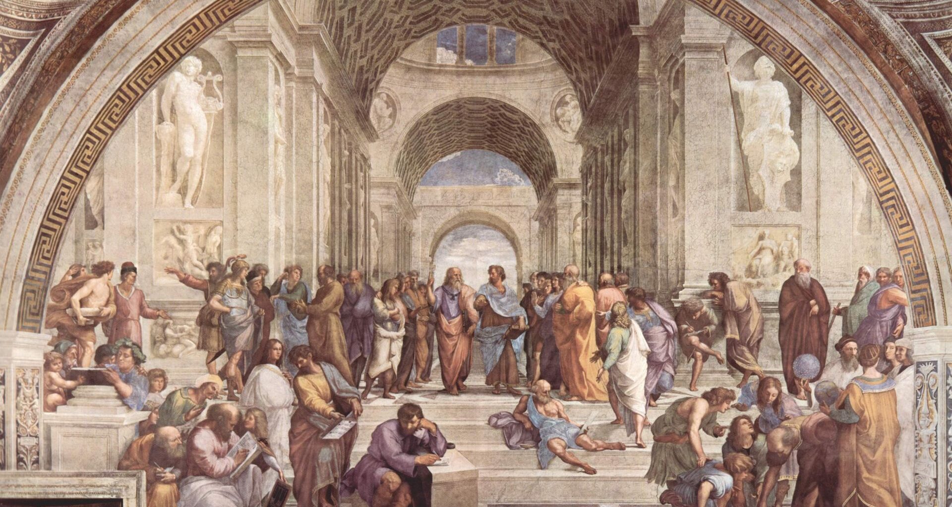 Famous Renaissance painting by Raphael depicting various philosophers in a classical setting