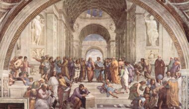 Famous Renaissance painting by Raphael depicting various philosophers in a classical setting