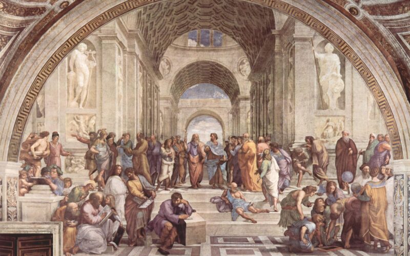 Famous Renaissance painting by Raphael depicting various philosophers in a classical setting